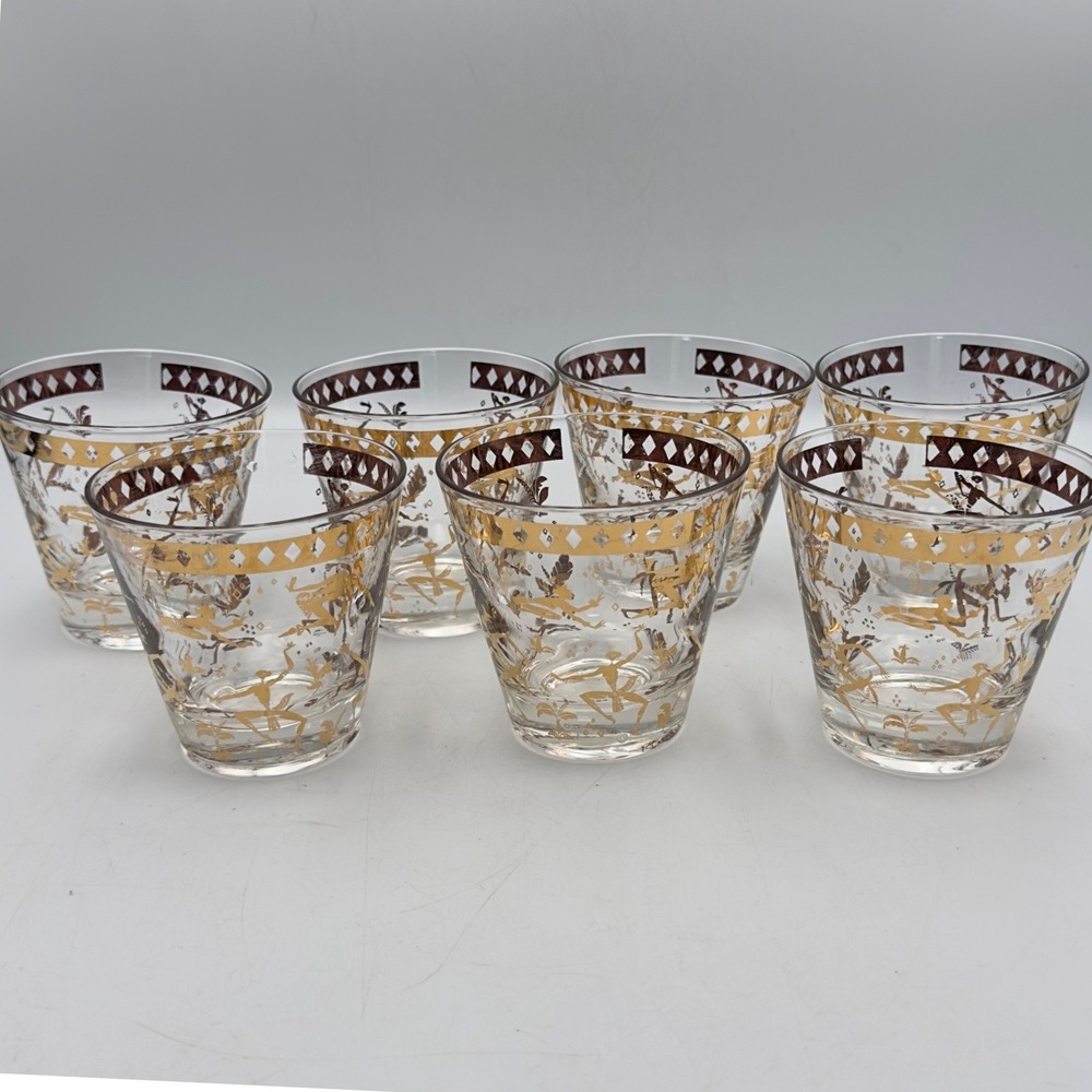 Vintage MCM Rocks Glasses Gold Black Primitive Figures Set of 7 1960s Retro